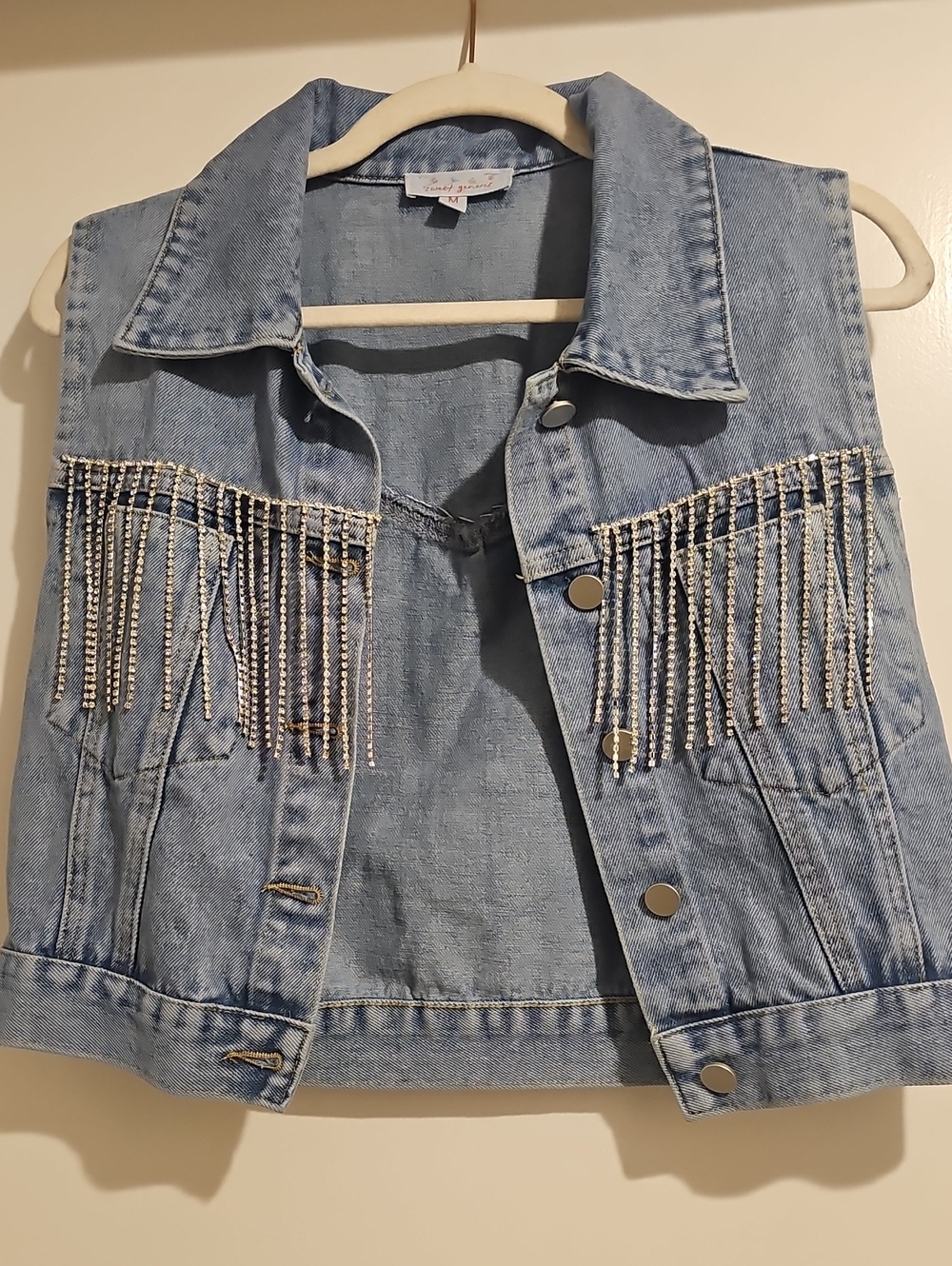 Light Wash Denim Vest with Rhinestone Fringe